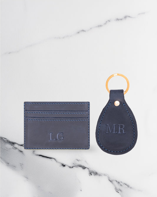 Dark Blue Keychain & Cardholder (Set) - Real Leather