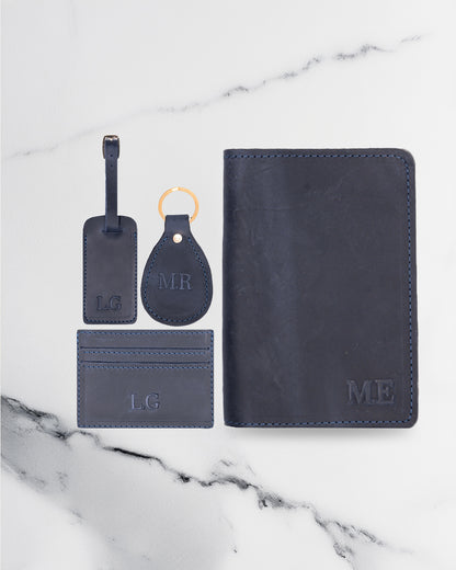 Dark Blue Keychain & Cardholder & Luggage tag & Passport Cover (Set) - Real Leather