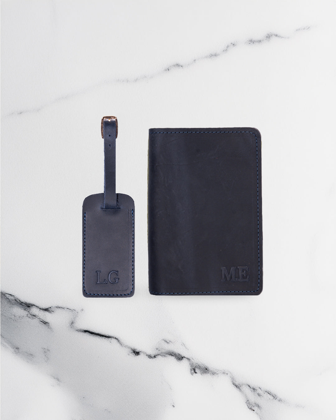 Dark Blue Luggage tag & Passport cover (Set) - Real Leather