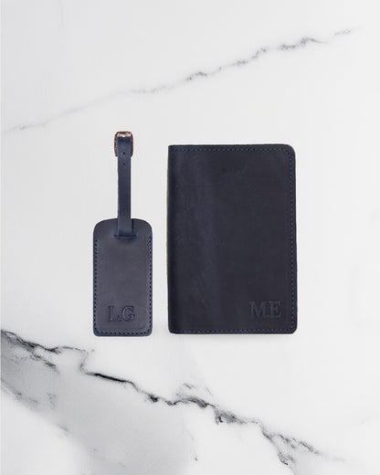 Dark Blue Luggage tag & Passport cover (Set) - Real Leather
