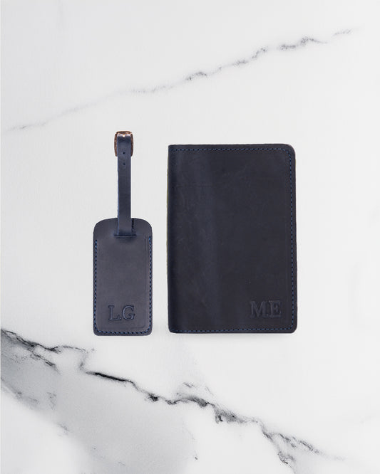 Dark Blue Luggage tag & Passport cover (Set) - Real Leather