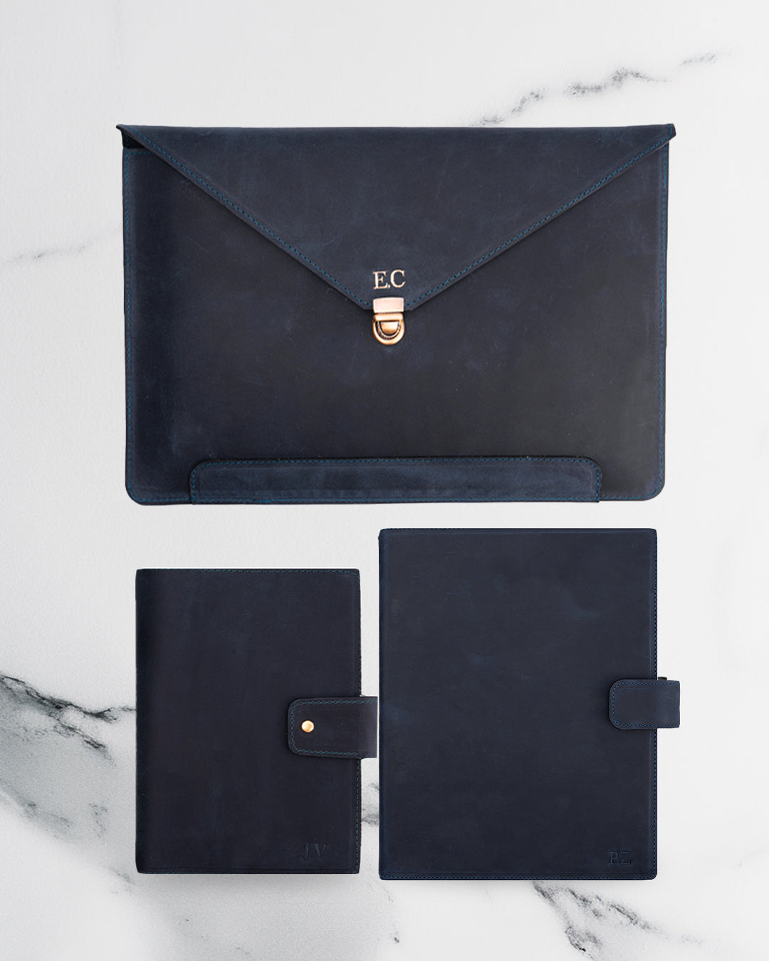 Dark Blue Diary Cover & A4 folder & Laptop Case (Set) - Real Leather
