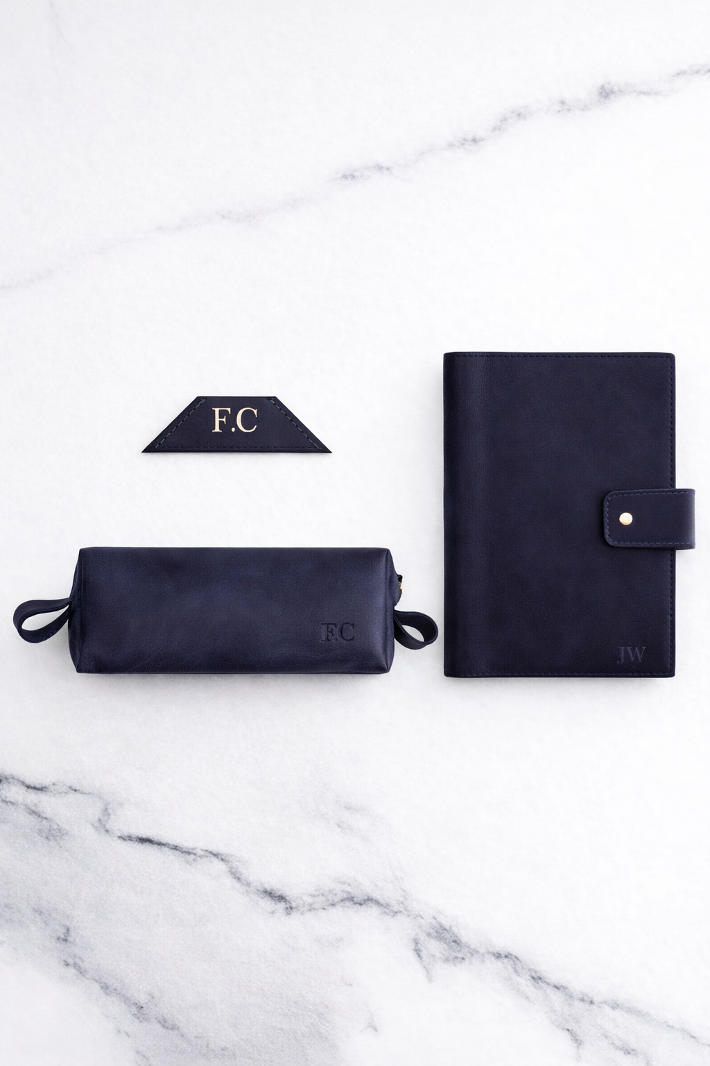 Dark Blue Bookmark & Pencil case & Diary Cover (Set) - Real Leather