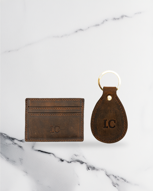 Dark Brown Keychain & Cardholder (Set) - Real Leather