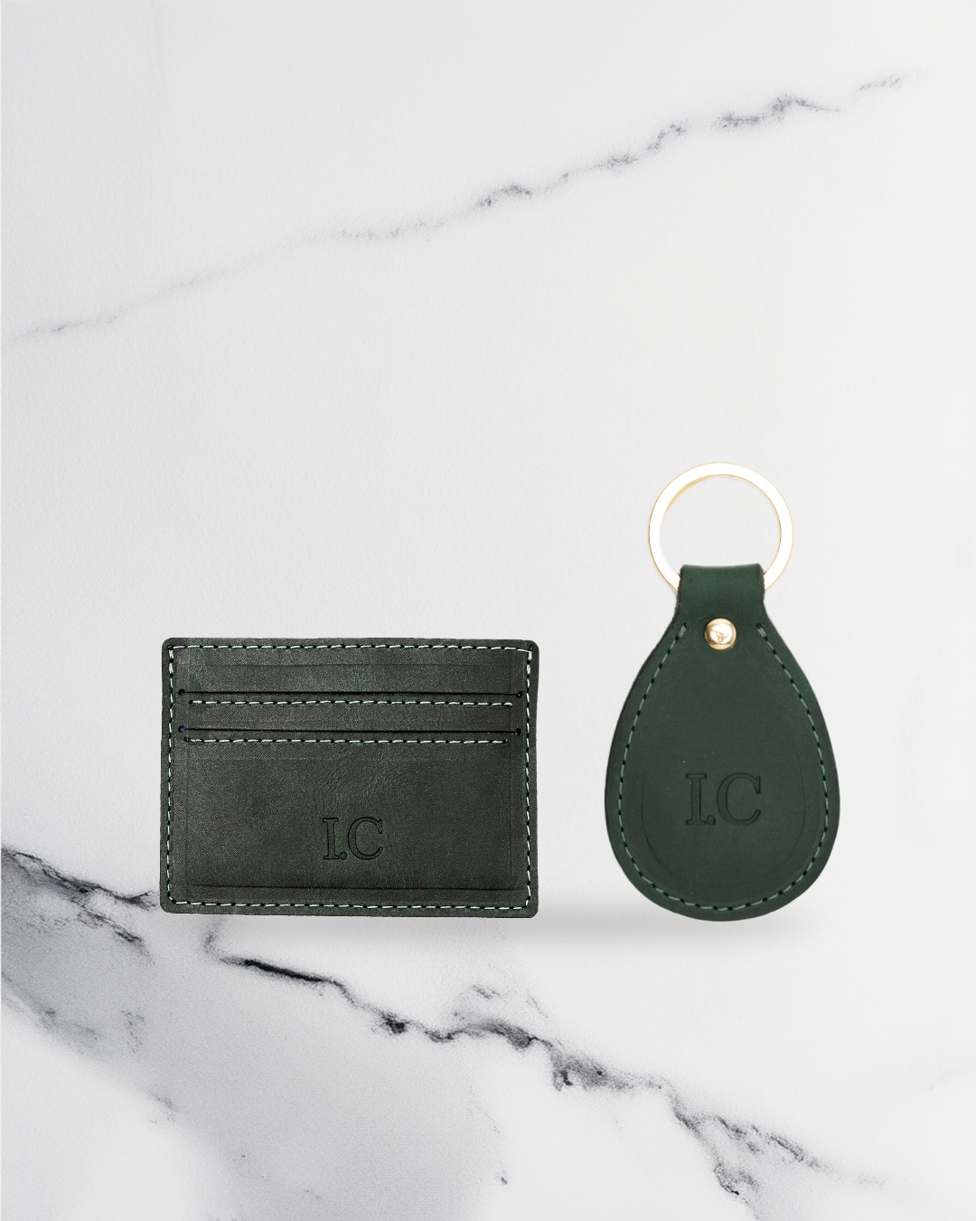 Dark Green Keychain & Cardholder (Set) - Real Leather