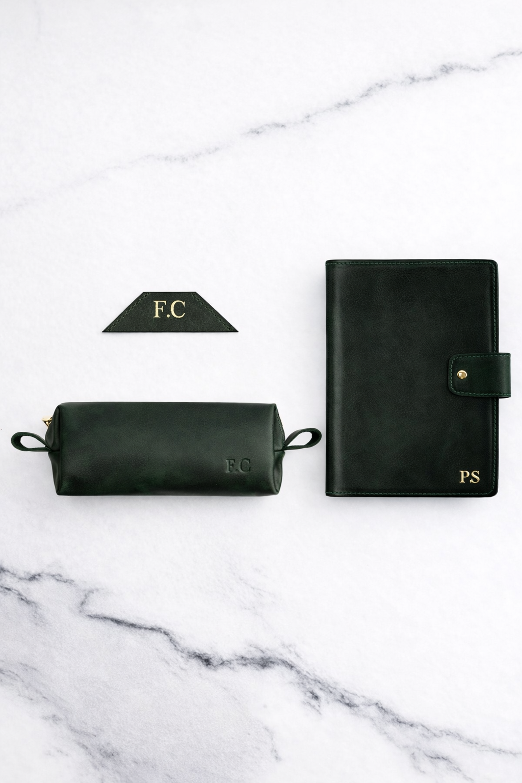 Dark Green Bookmark & Pencil case & Diary Cover (Set) - Real Leather