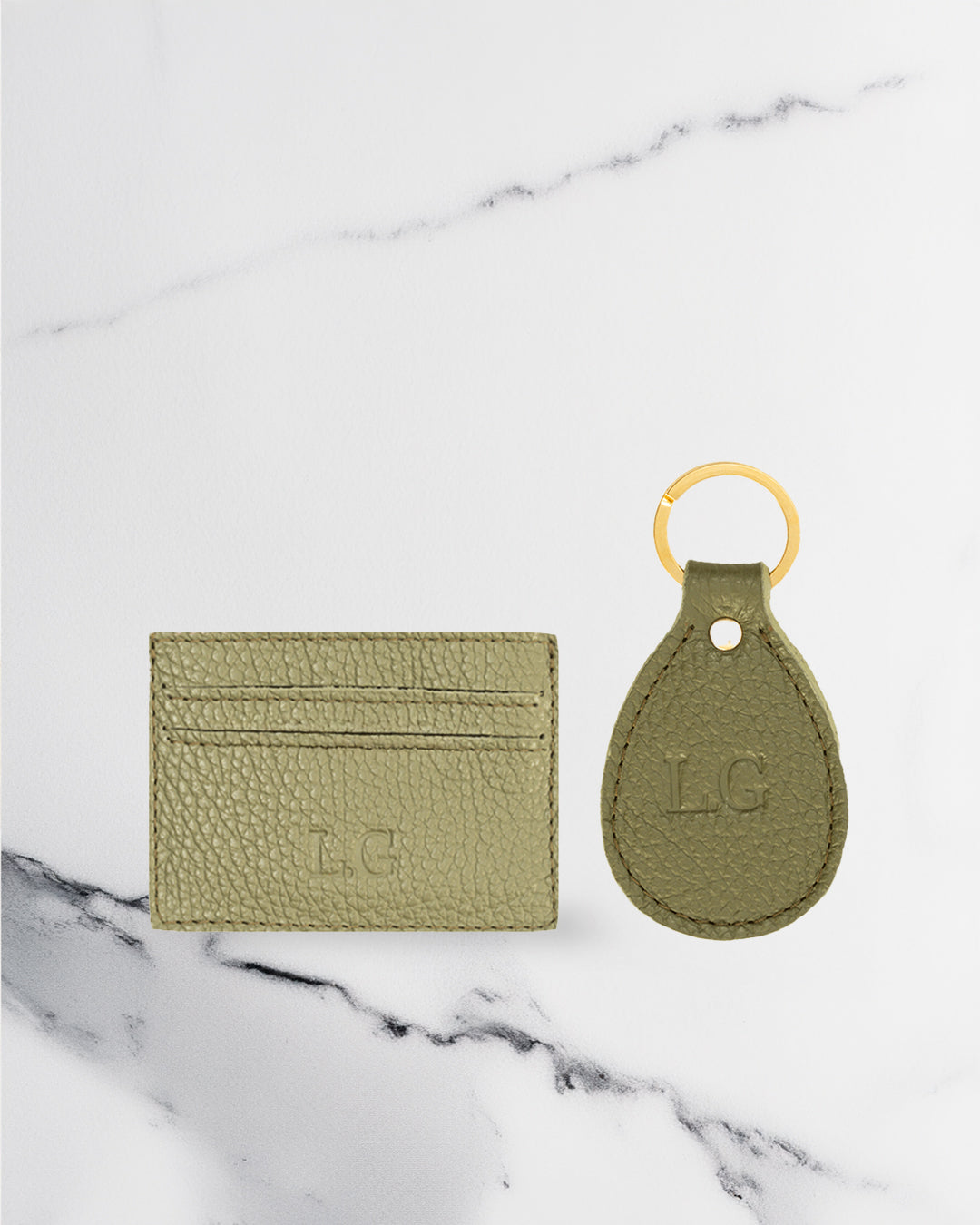 Green Keychain & Cardholder (Set) - Real Leather