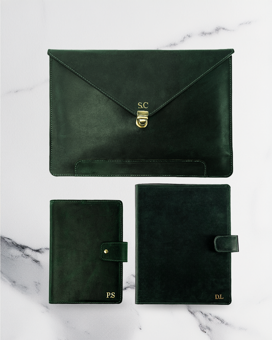 Dark Green Diary Cover & A4 folder & Laptop Case (Set) - Real Leather