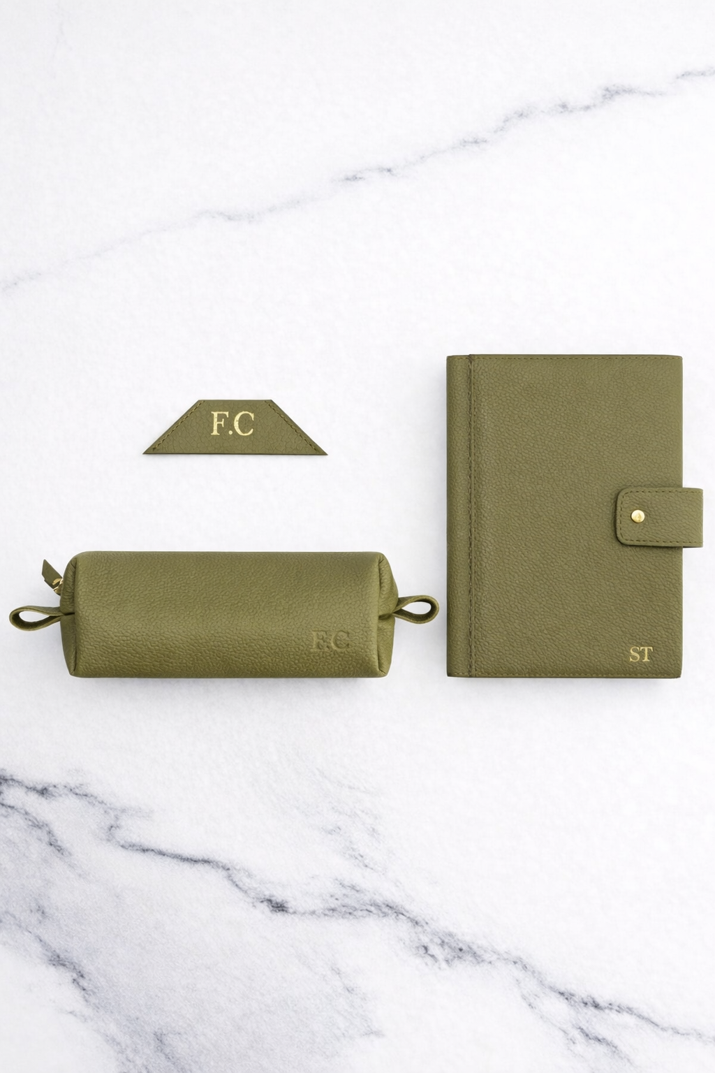 Green Bookmark & Pencil case & Diary Cover (Set) - Real Leather