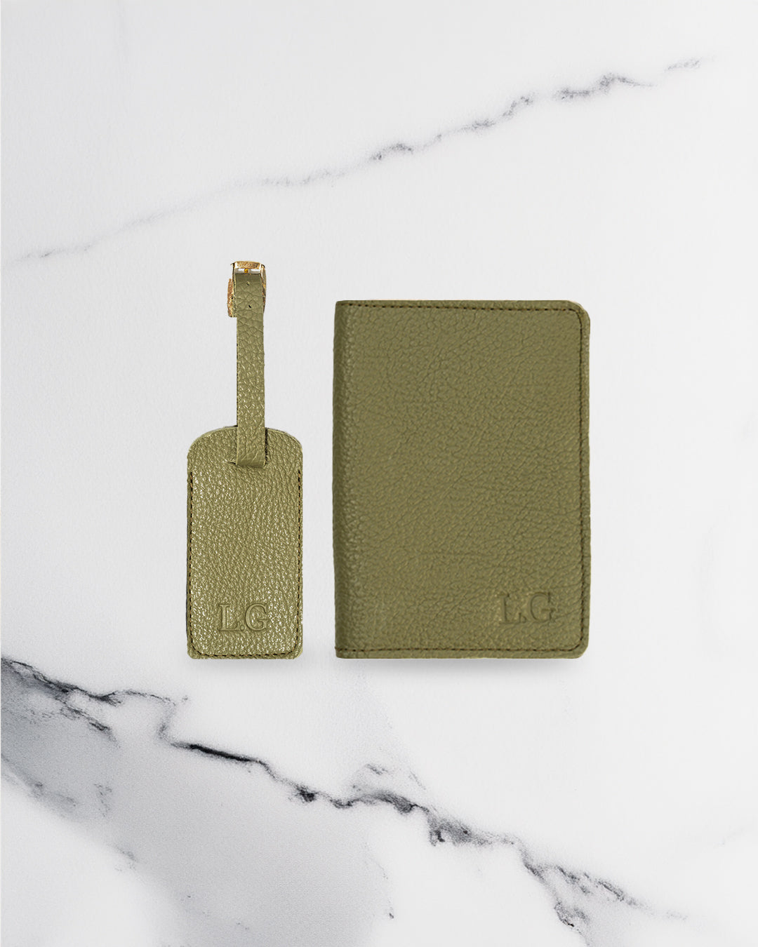 Green Luggage tag & Passport cover (Set) - Real Leather