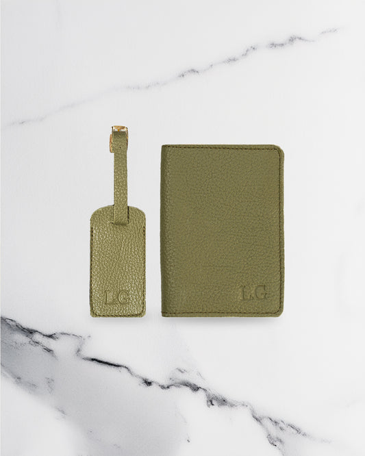 Green Luggage tag & Passport cover (Set) - Real Leather