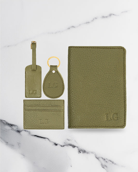 Green Keychain & Cardholder & Luggage tag & Passport Cover (Set) - Real Leather