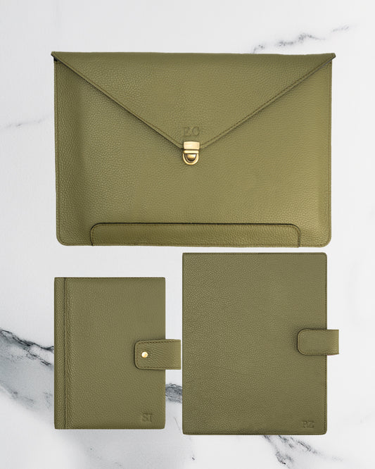 Green Diary Cover & A4 folder & Laptop Case (Set) - Real Leather