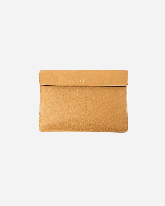 Beige Magnetic Buttoned Laptop Case - Real Leather