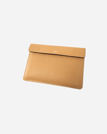 Beige Magnetic Buttoned Laptop Case - Real Leather