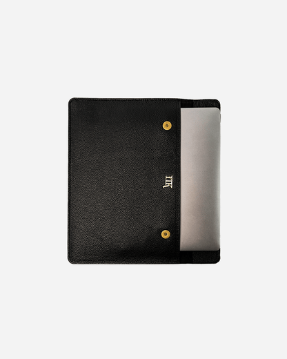 Black Magnetic Buttoned  Laptop Case - Real Leather