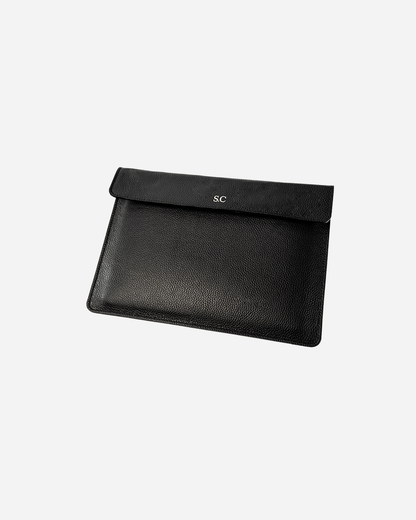 Black Magnetic Buttoned  Laptop Case - Real Leather