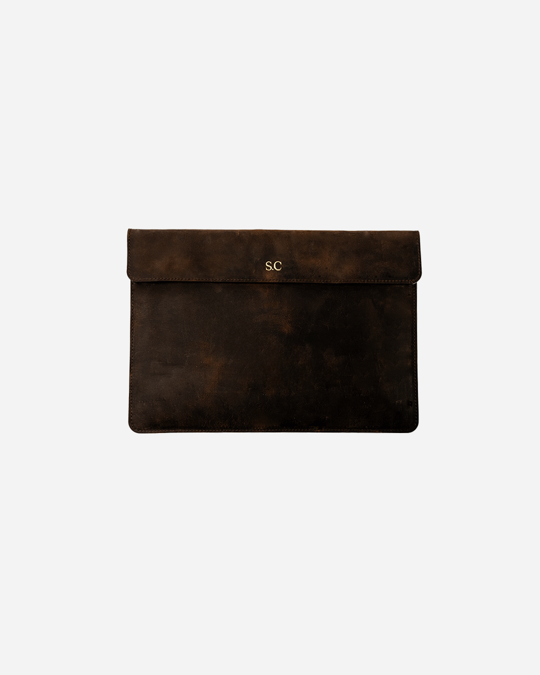 Dark Brown Magnetic Buttoned Laptop Case - Real Leather