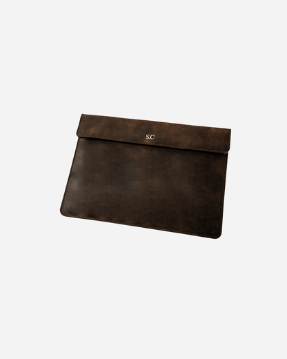 Dark Brown Magnetic Buttoned Laptop Case - Real Leather