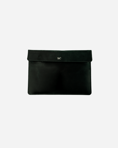 Dark Green Magnetic Buttoned Laptop Case - Real Leather