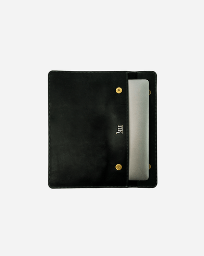 Dark Green Magnetic Buttoned Laptop Case - Real Leather