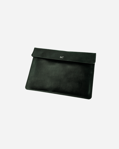 Dark Green Magnetic Buttoned Laptop Case - Real Leather