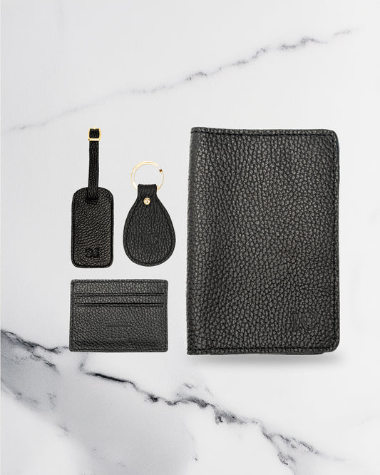 Black Keychain & Cardholder & Luggage tag & Passport Cover (Set) - Real Leather