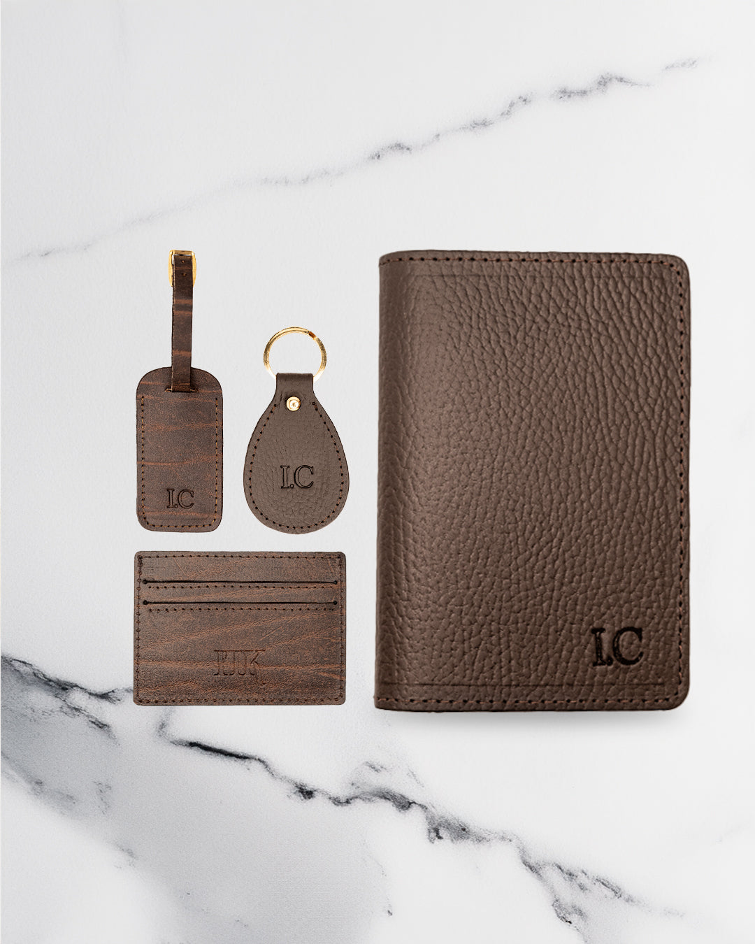 Brown Keychain & Cardholder & Luggage tag & Passport Cover (Set) - Recycled Leather