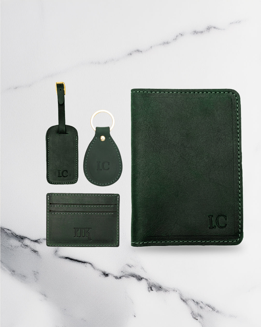 Dark Green Keychain & Cardholder & Luggage tag & Passport Cover (Set) - Real Leather