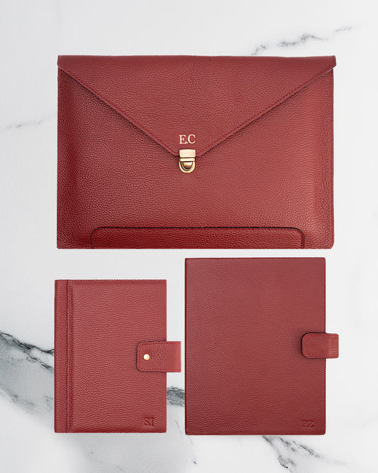 Maroon Diary Cover & A4 folder & Laptop Case (Set) - Real Leather