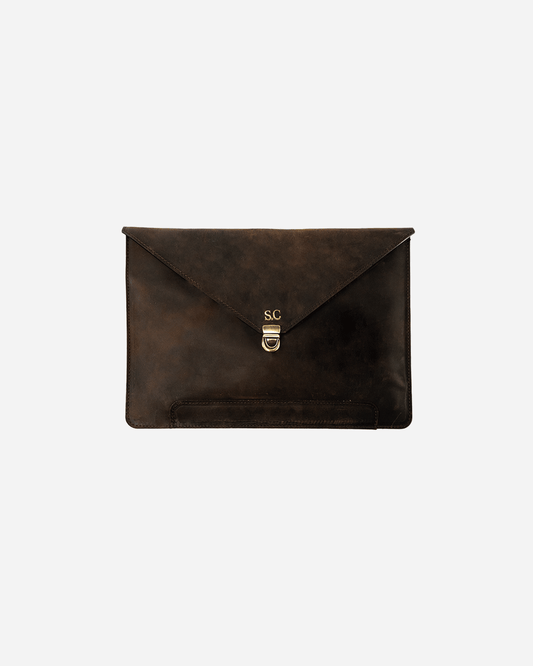 Dark Brown Vintage Buckle Laptop Case - Real Leather