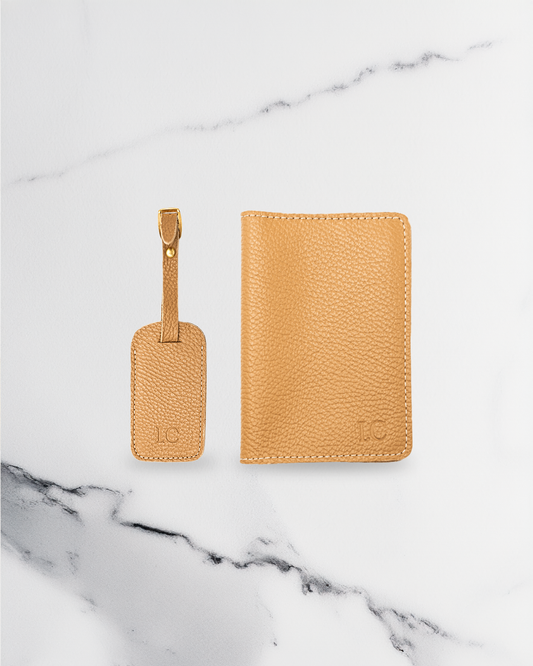 Beige Luggage tag & Passport cover (Set) - Real Leather