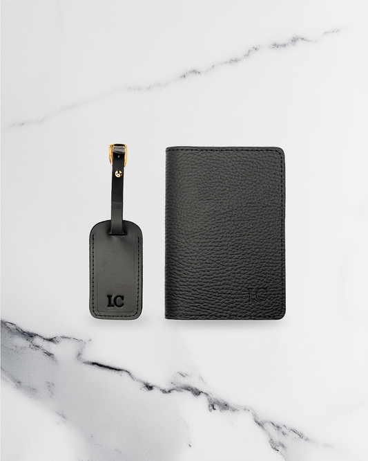 Black Luggage tag & Passport cover (Set) - Recycled Leather