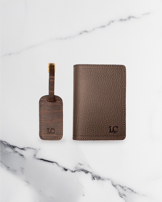 Brown Luggage tag & Passport cover (Set) - Recycled Leather