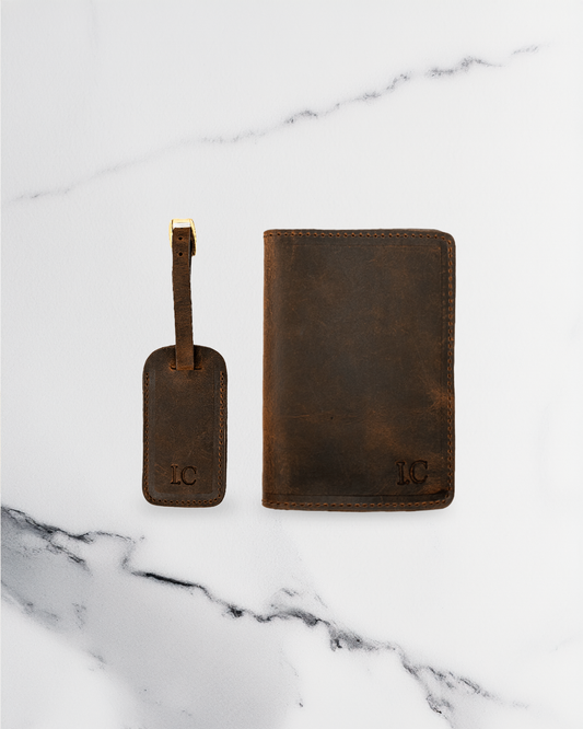 Dark Brown Luggage tag & Passport cover (Set) - Real Leather