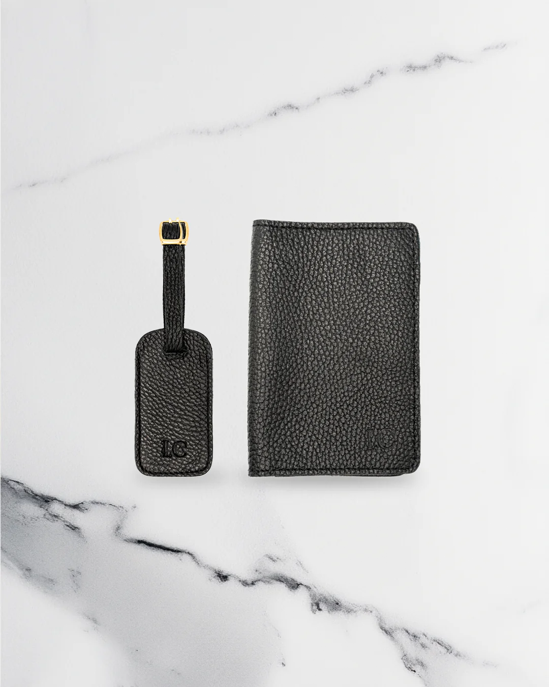 Black Luggage tag & Passport cover (Set) - Real Leather